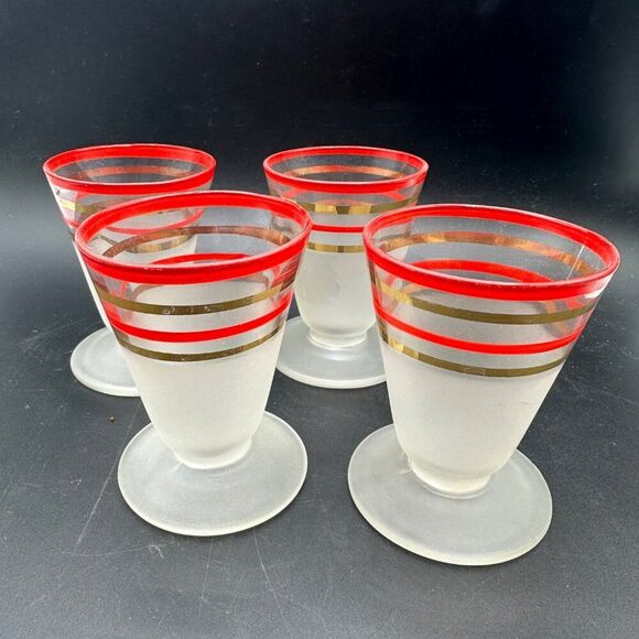 MCM Cordial Shot Glasses Frosted Footed Striped Red Gold Rimmed Set Vtg 1940s - Picture 1 of 12